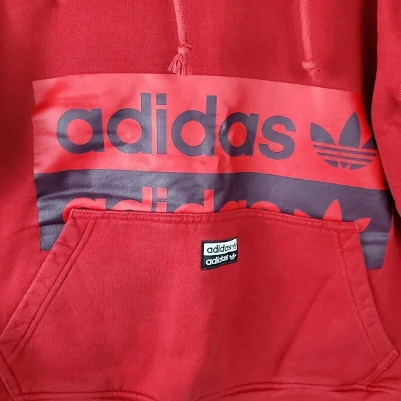 Men's ADIDAS Red‎ Hoodie Sweatshirt SZ S Small Trefoil Logo Baggy Fit Spell Out - Picture 2 of 7